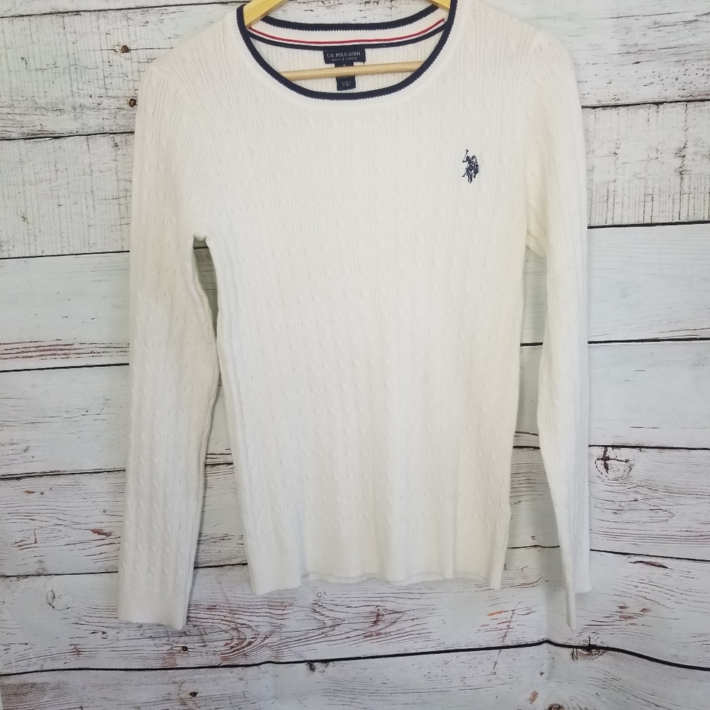 US Polo Assn. White Women's Tipped Soft Cable CrewNeck Sweater Size Small